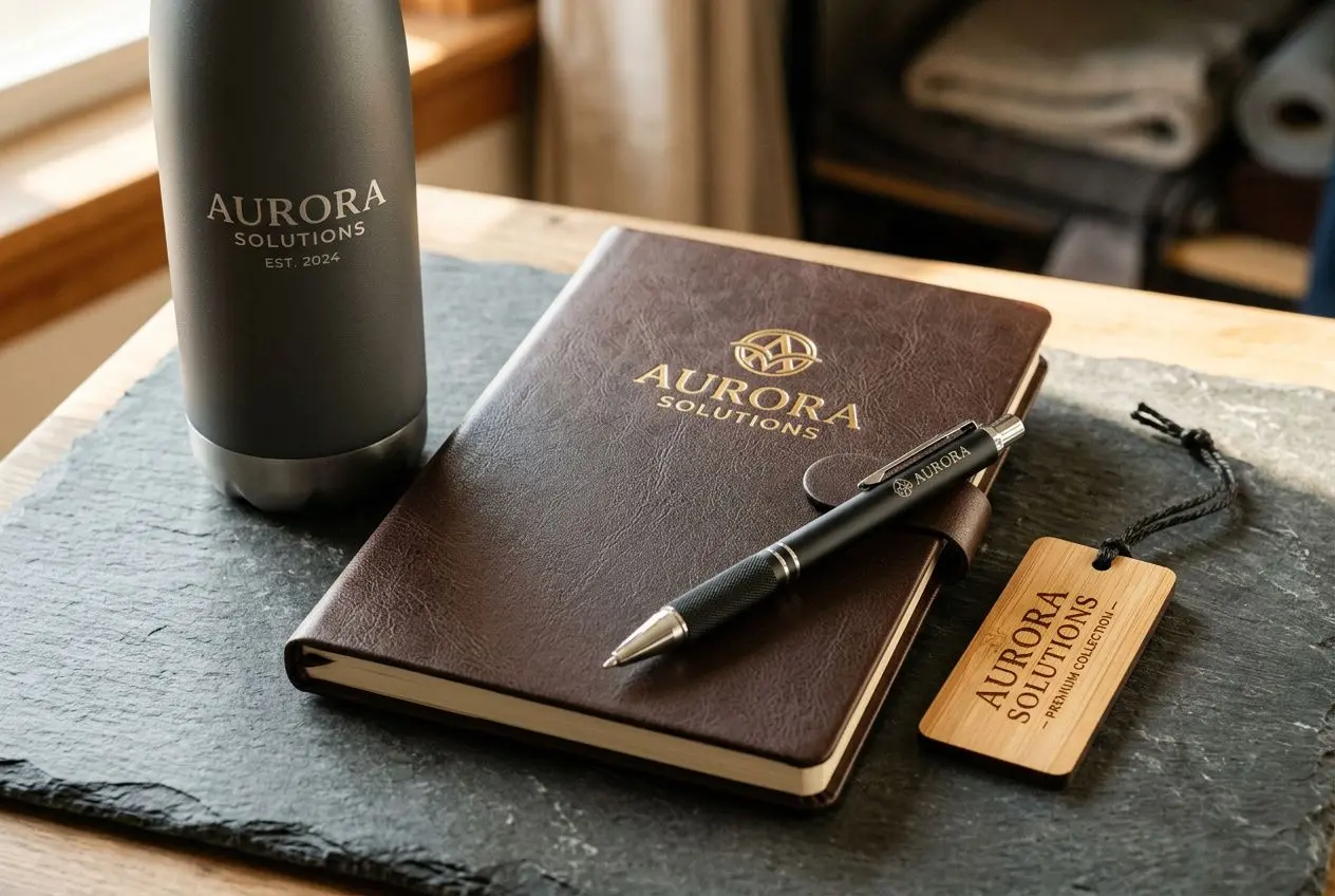 Bouteille noir Aurora Solutions et carnet personnalisé avec logo, stylo noir et porte-étiquette “Aurora Solutions” sur une plaque, cadeaux goodies originaux pour entreprise.