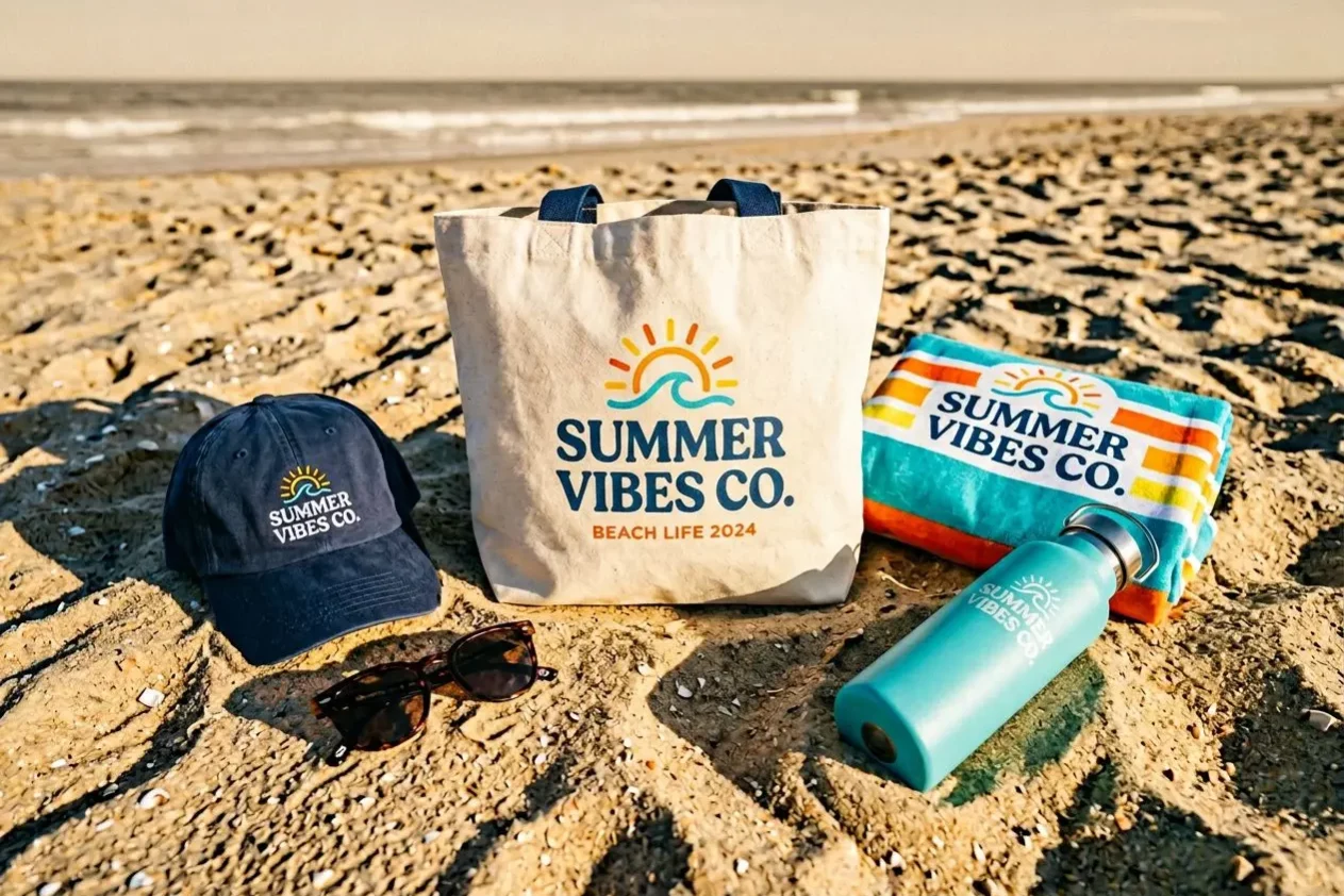 Casquettes, lunettes et sacs de plage personnalisés « goodies été » sur la plage avec tote bag Summer Vibes Co et gourde assortie.