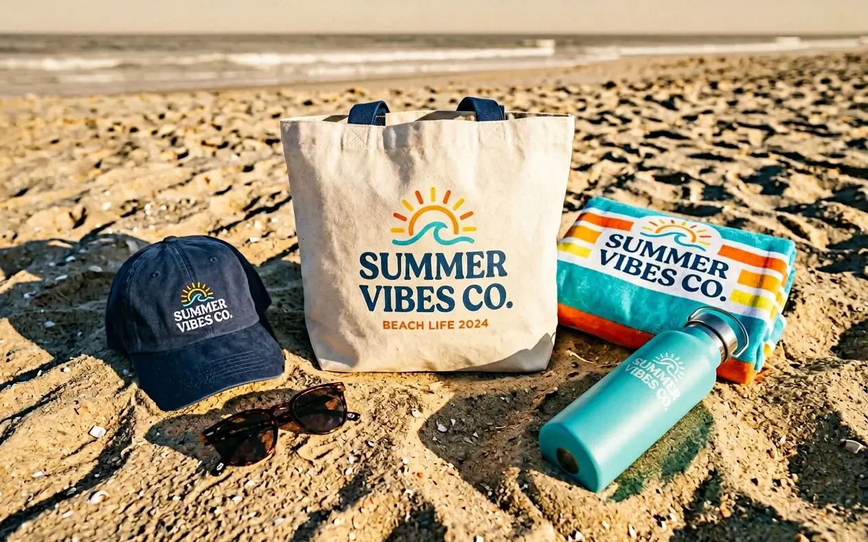 casquettes-lunettes-sacs-plage-personnalises-goodies-ete Casquettes, lunettes et sacs de plage personnalisés « goodies été » sur la plage avec tote bag Summer Vibes Co et gourde assortie.
