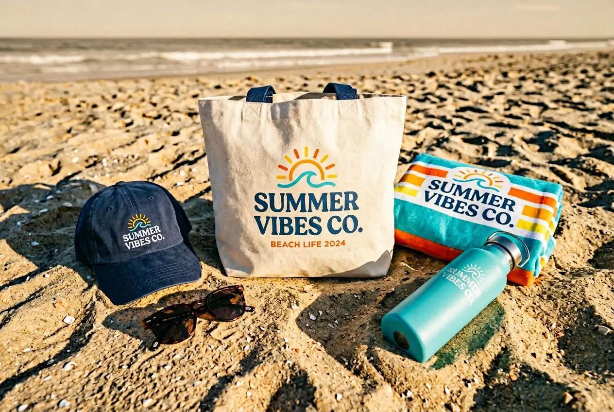 Casquettes, lunettes et sacs de plage personnalisés « goodies été » sur la plage avec tote bag Summer Vibes Co et gourde assortie.