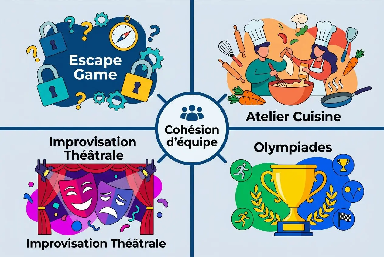 Cohésion d'équipe illustrée : centre “Cohésion d'équipe” entouré par Escape Game, Atelier Cuisine, Olympiades et Improvisation Théâtrale.