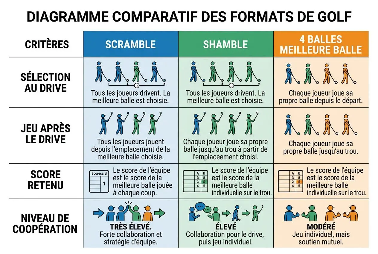 Comparatif visuel des formats de golf: Scramble, Shamble et 4 Balles Meilleure Balle, avec critères, jeu après le drive, score retenu et niveau de coopération.