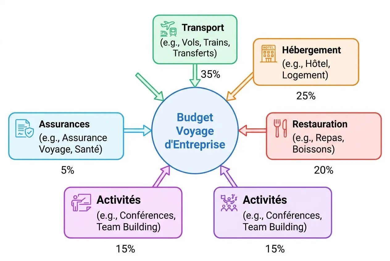 Diagramme d’un budget voyage d’entreprise montrant les catégories et leurs pourcentages (transport 35 %, hébergement 25 %, restauration 20 %, activités 15 %, assurances 5 %). Le titre évoque “Budget Voyage d’Entreprise”. Note: intégrer le mot-clé comment organiser un voyage d'entreprise de manière naturelle.