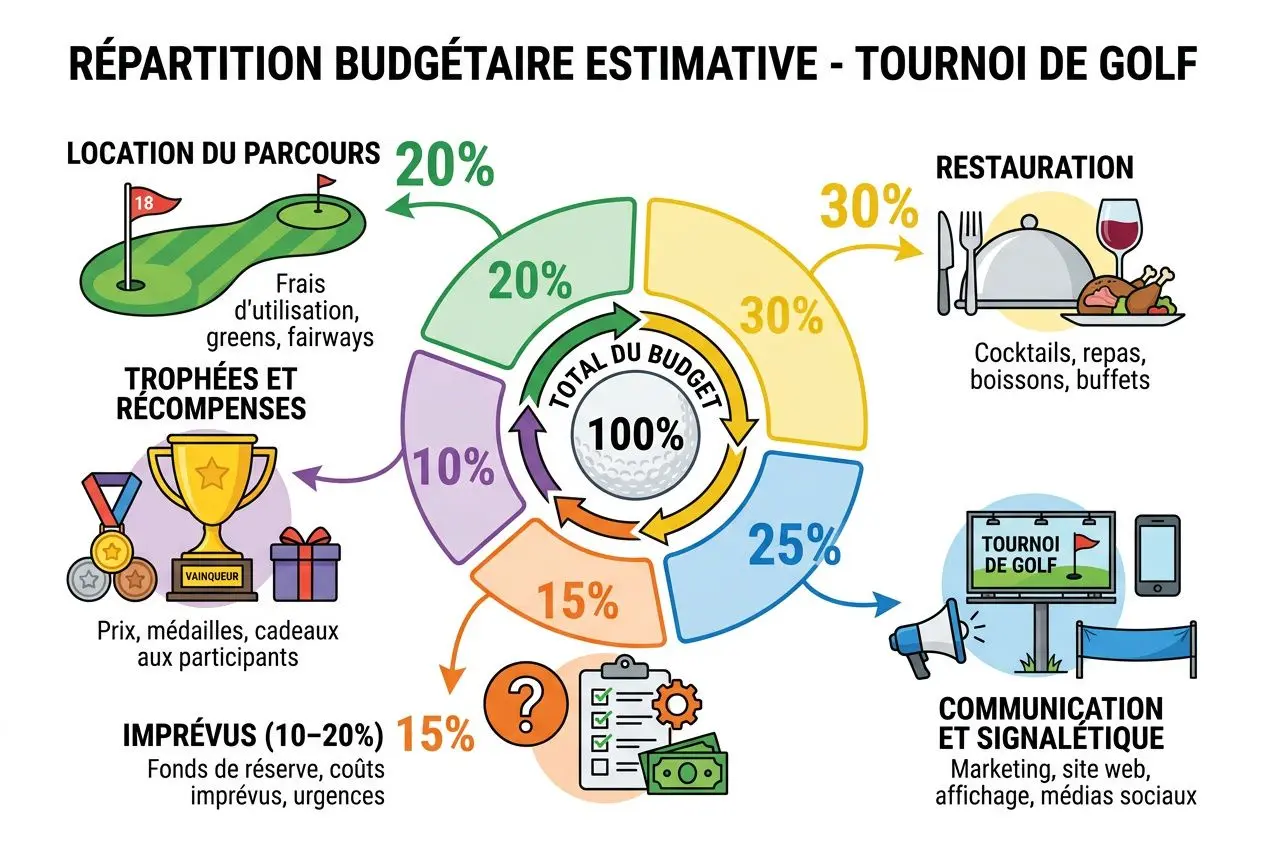 Diagramme illustrant la répartition budgétaire estimative d’un tournoi de golf, avec sections 20% parcours, 30% restauration, 25% communication, 15% imprévus et 10% trophées, et éléments de gestion. Intègre le mot-clé: comment organiser une compétition de golf.