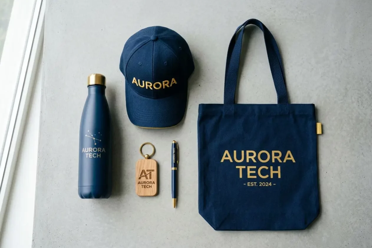 Ensemble de goodies originaux pour entreprise: bouteille métallique, casquette et tote bag imprimés “AURORA TECH”, porte-clé et stylo.
