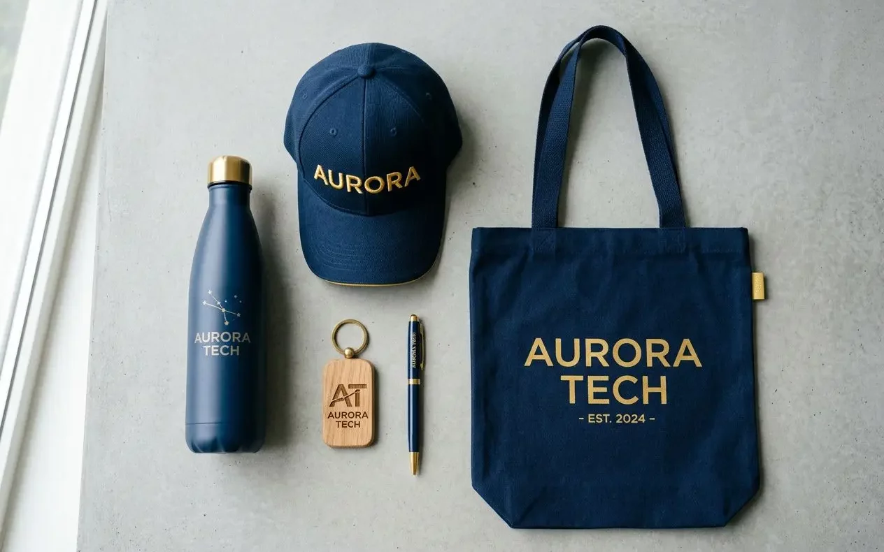 Ensemble de goodies originaux pour entreprise: bouteille métallique, casquette et tote bag imprimés “AURORA TECH”, porte-clé et stylo.