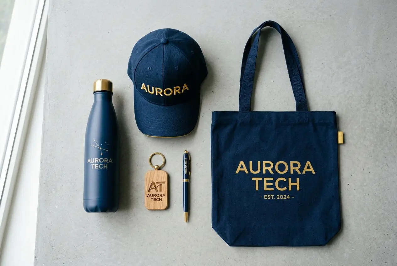 Ensemble de goodies originaux pour entreprise: bouteille métallique, casquette et tote bag imprimés “AURORA TECH”, porte-clé et stylo.