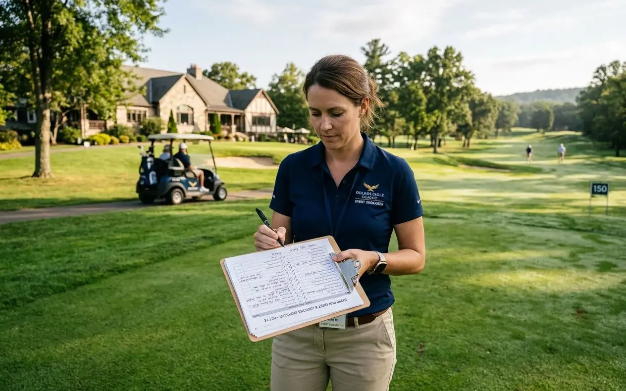 Femme sur le parcours de golf, notant des informations sur un carnet attaché à un clipboard, veston polo bleu et pantalon beige, arrière-plan verdoyant avec bâtiment et voiturette de golf. Intégration : « comment organiser une compétition de golf ».