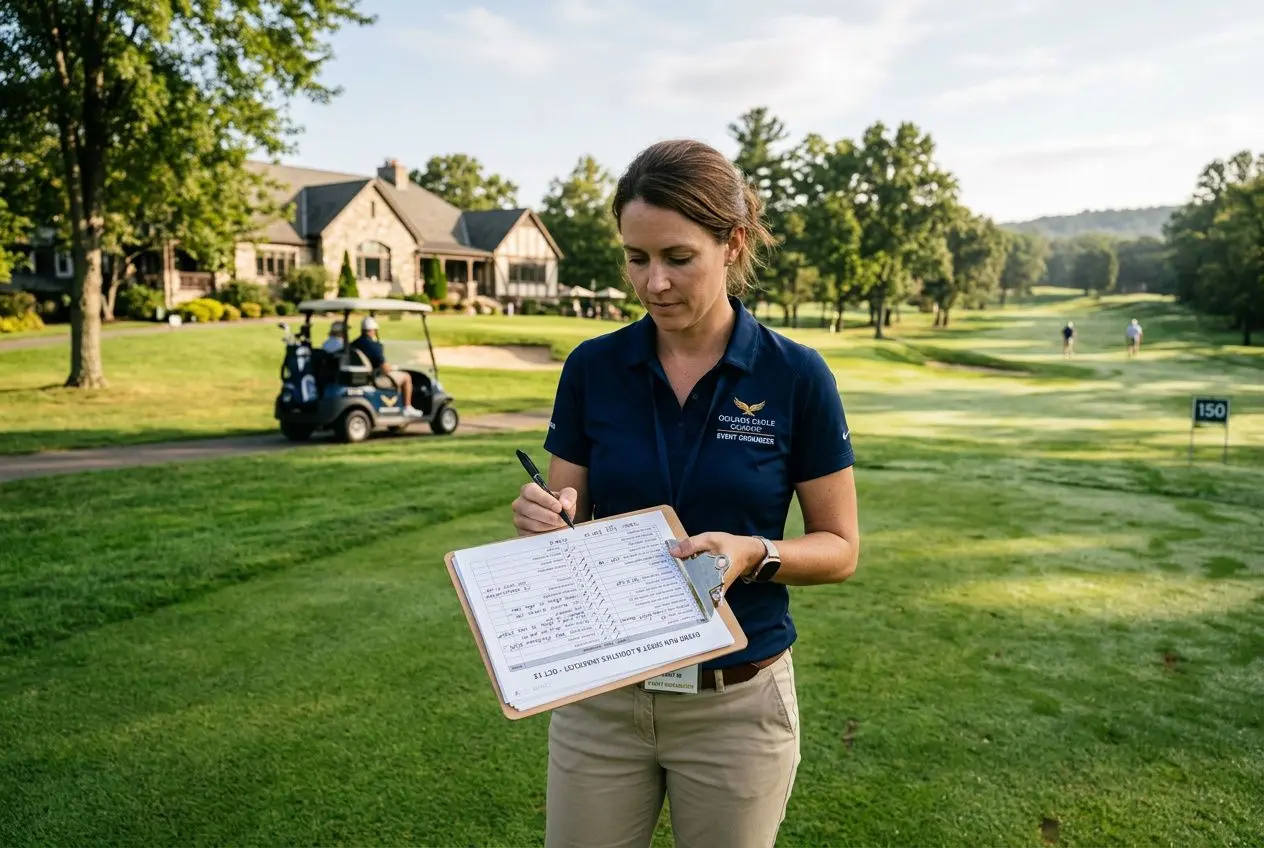 Femme sur le parcours de golf, notant des informations sur un carnet attaché à un clipboard, veston polo bleu et pantalon beige, arrière-plan verdoyant avec bâtiment et voiturette de golf. Intégration : « comment organiser une compétition de golf ».