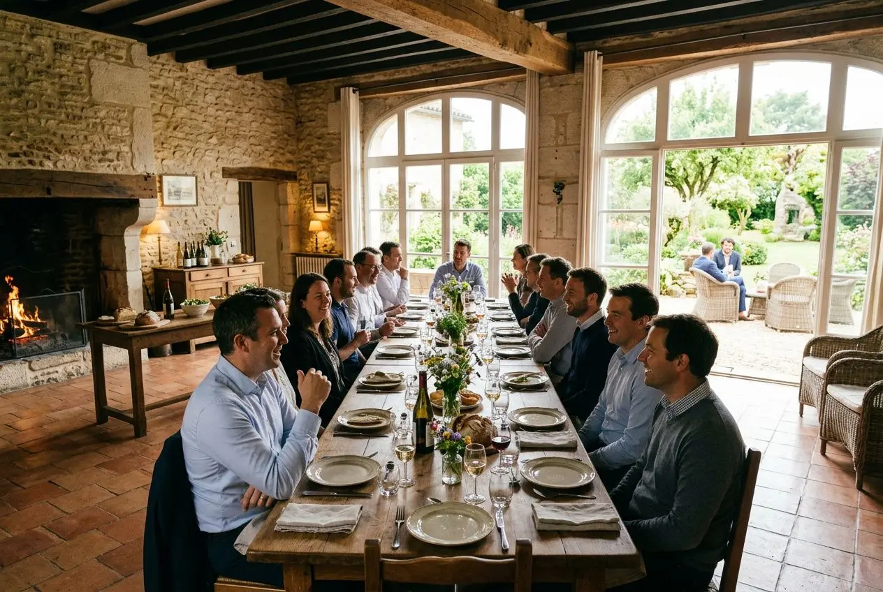 Grand groupe en réunion autour d’une longue table dans un lieu séminaire entreprise lumineux, avec feu de cheminée et vue jardin.