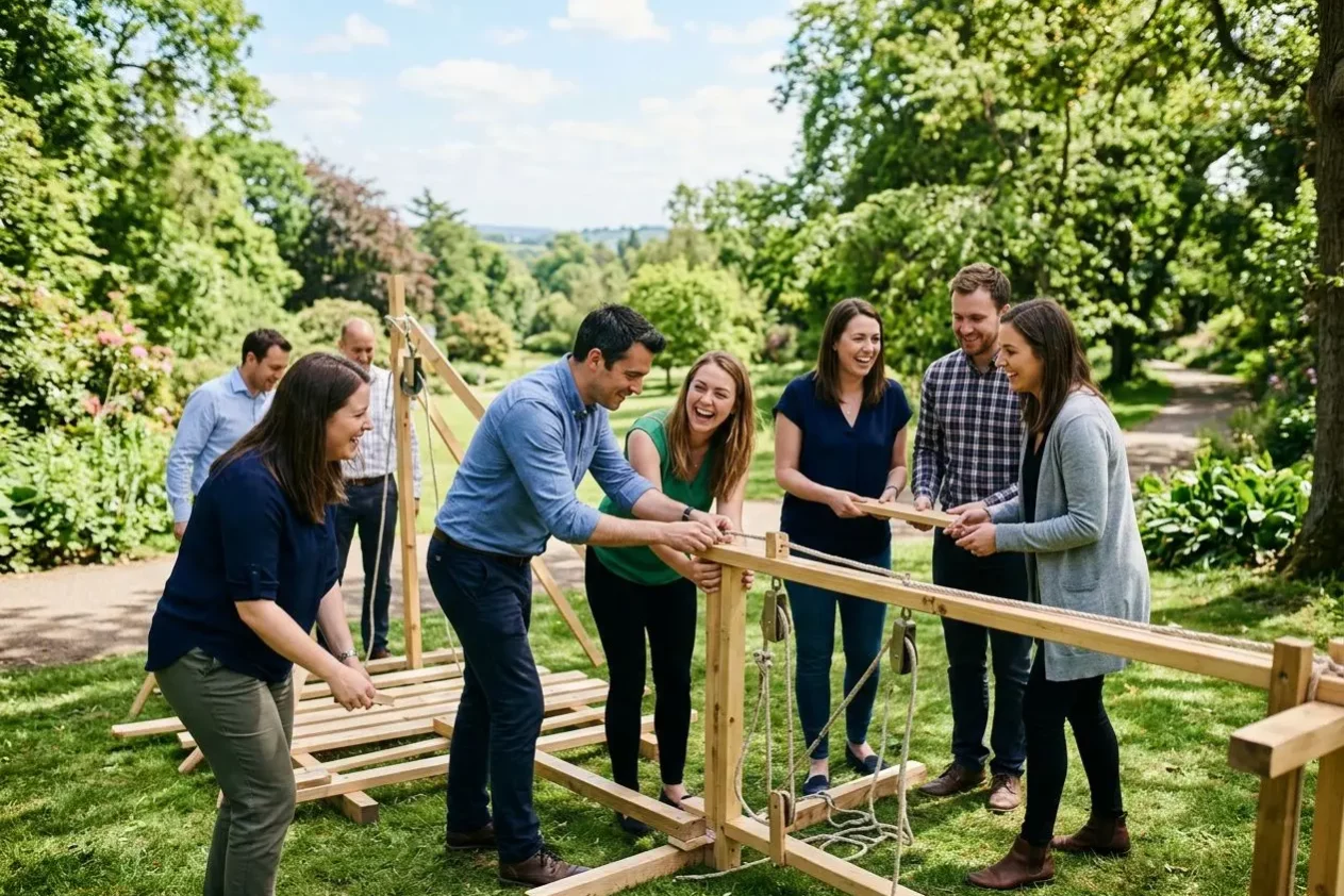 Groupe de personnes en extérieur participant à une activité de team building, assemblant une structure en bois collaborative. activitiés de team building pour la cohésion.