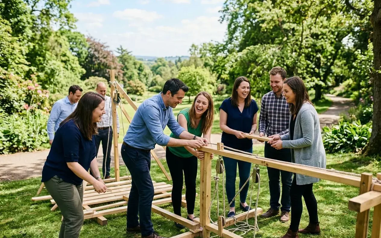 Groupe de personnes en extérieur participant à une activité de team building, assemblant une structure en bois collaborative. activitiés de team building pour la cohésion.