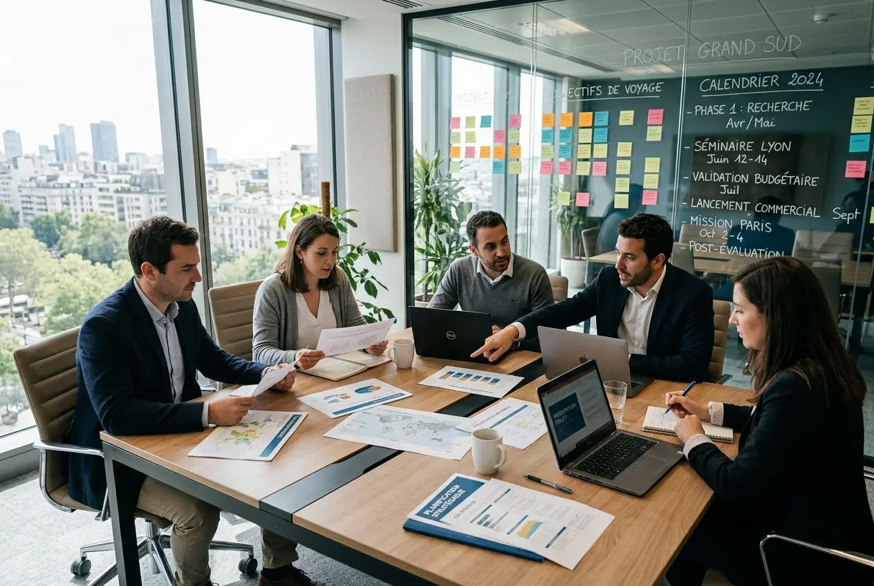 Groupe de professionnels en réunion autour d'une table, brainstorm et documents, calculs et ordinateurs portables, dans une salle de conférence moderne. comment organiser un voyage d'entreprise intégré.