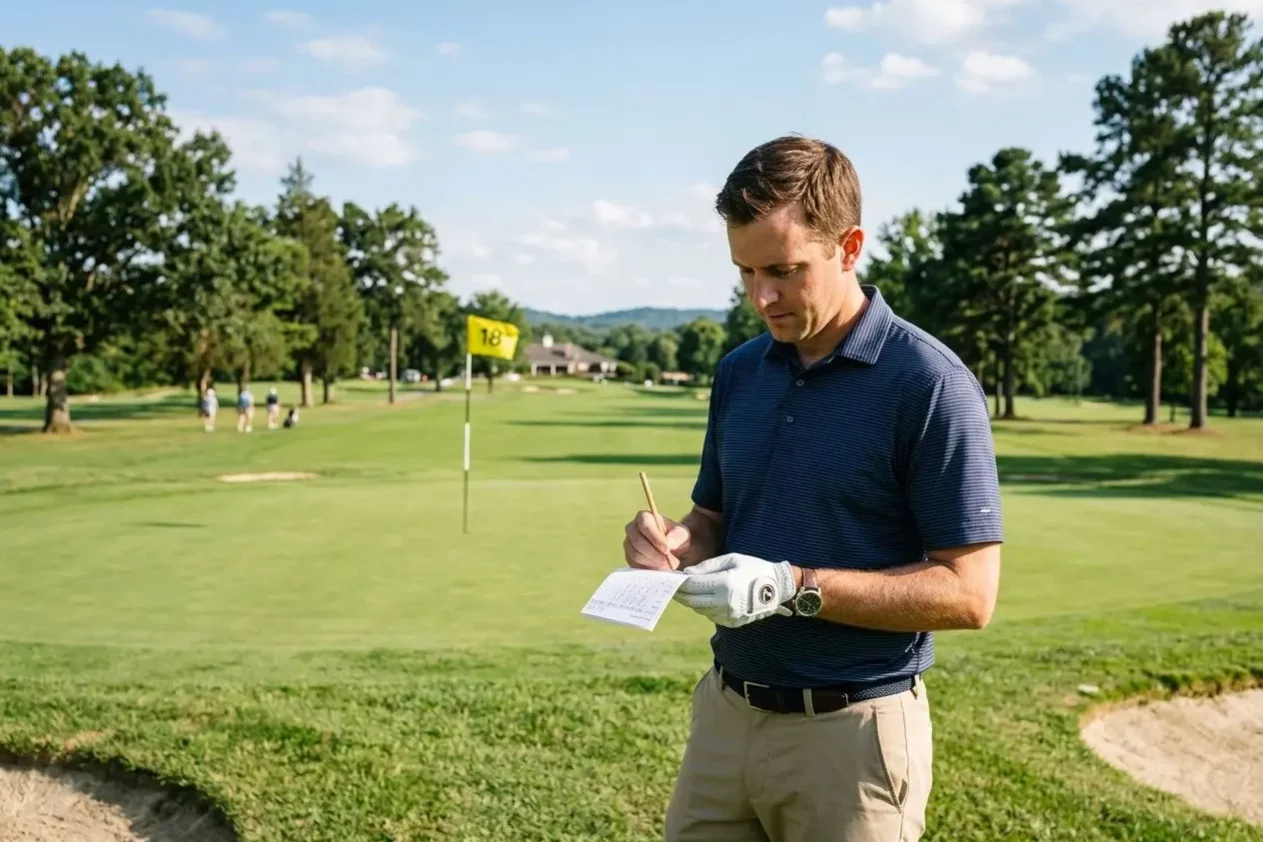 Joueur de golf notant son score sur le parcours, près du green et du drapeau 16, en plein fairway. Règles et formats de compétition golf.