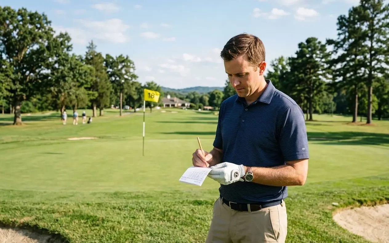 Joueur de golf notant son score sur le parcours, près du green et du drapeau 16, en plein fairway. Règles et formats de compétition golf.