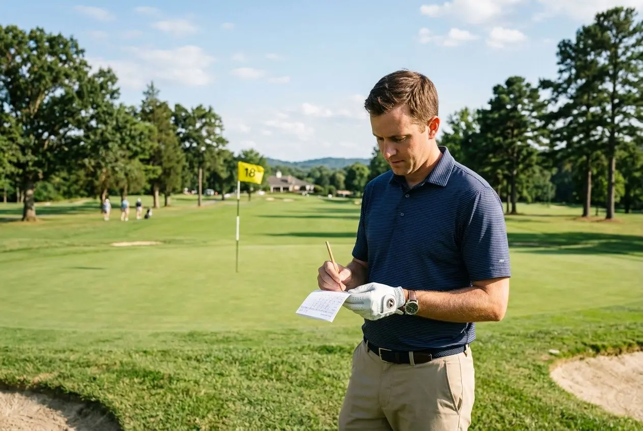 Joueur de golf notant son score sur le parcours, près du green et du drapeau 16, en plein fairway. Règles et formats de compétition golf.
