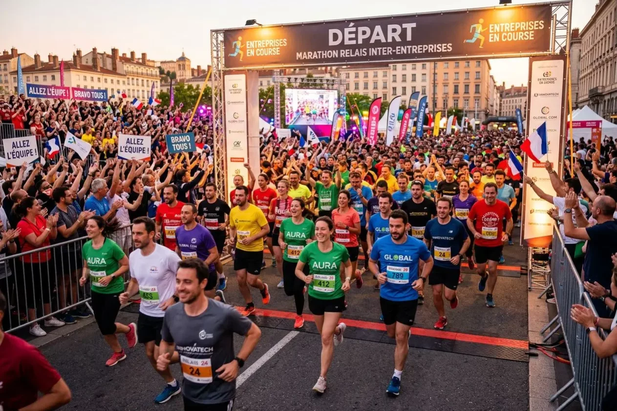 Marathon inter-entreprises Angers 2026: départ en vue avec de nombreux coureurs au ligne de départ et spectateurs, affiche "DÉPART" et ambiance festive.