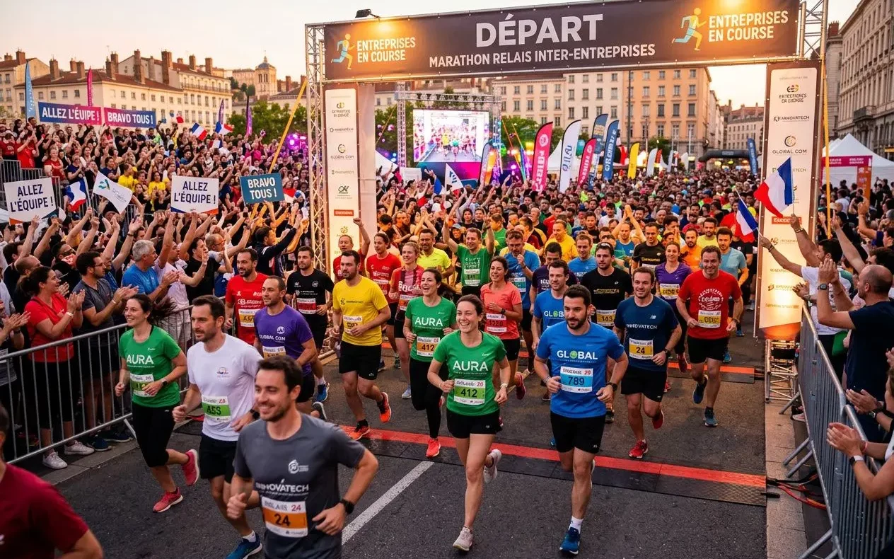 Marathon inter-entreprises Angers 2026: départ en vue avec de nombreux coureurs au ligne de départ et spectateurs, affiche "DÉPART" et ambiance festive.