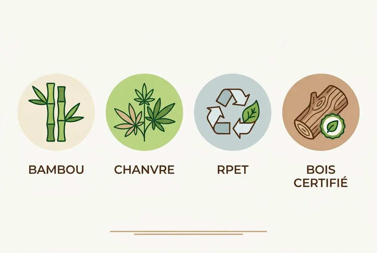 Quatre cercles illustrés: bambou, chanvre, RPET recyclé et bois certifié, symbolisant des matériaux durables.