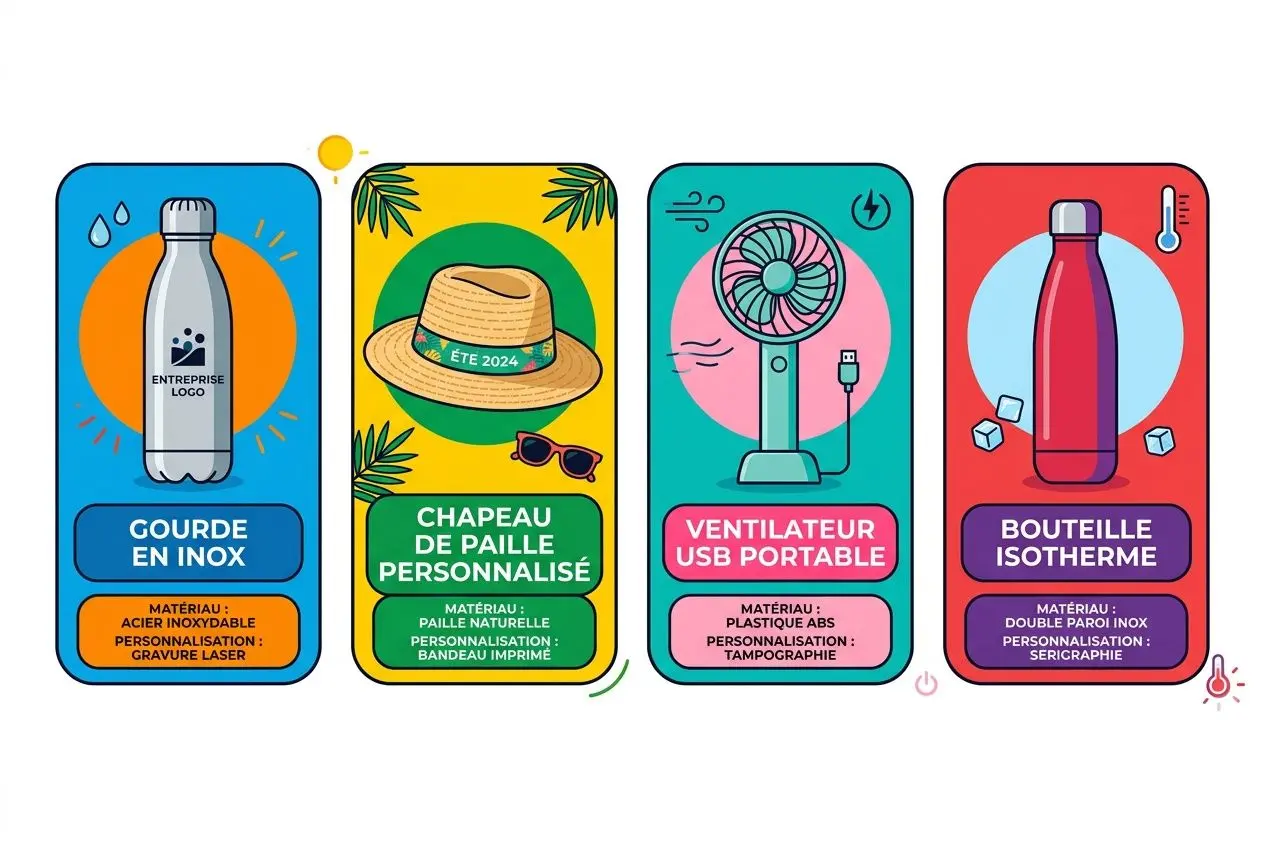 Quatre étiquettes illustrées de goodies été: gourde en inox, chapeau de paille personnalisé, ventilateur USB portable et bouteille isotherme, esprit été et personnalisation.