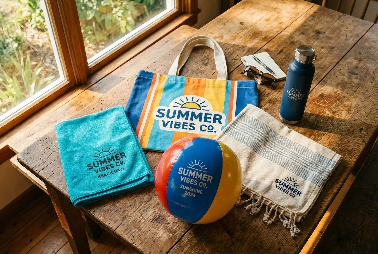 Sac publicitaire été brillant avec logo Summer Vibes Co, ballons et serviettes colorés, casquette et gourde assorties. Goodies été.