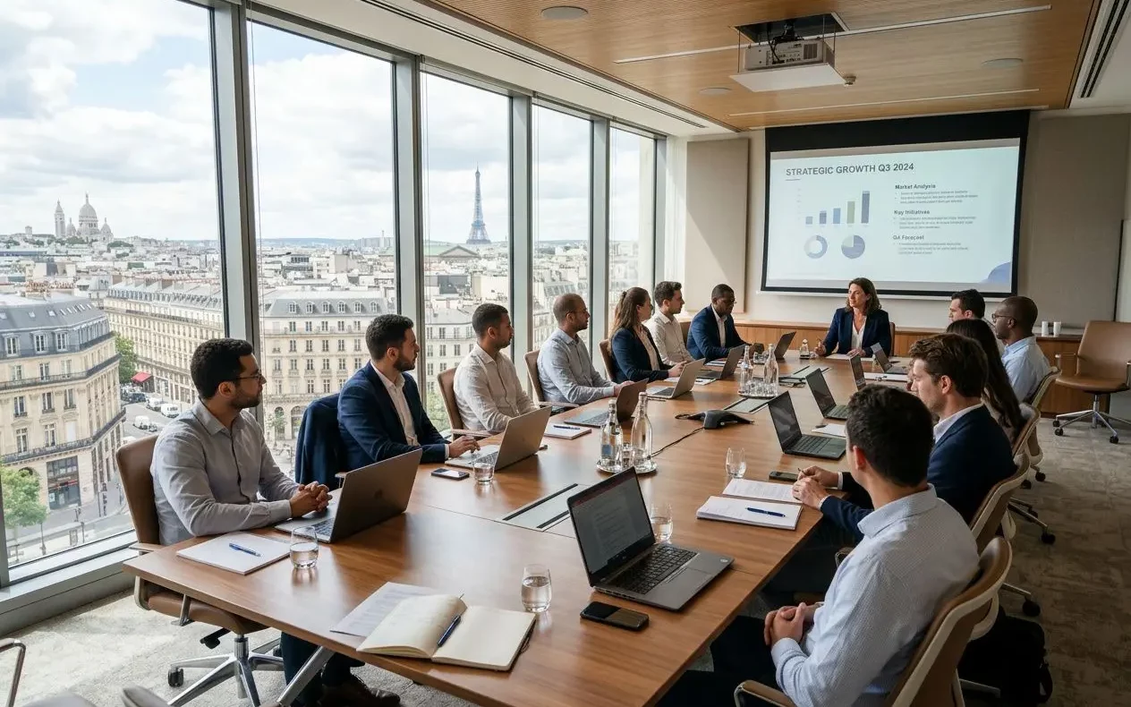 Salle de réunion avec vue urbaine, participants en réunion autour d’une table longue, ordinateurs et documents. lieu séminaire entreprise idéal pour démarrer des échanges.