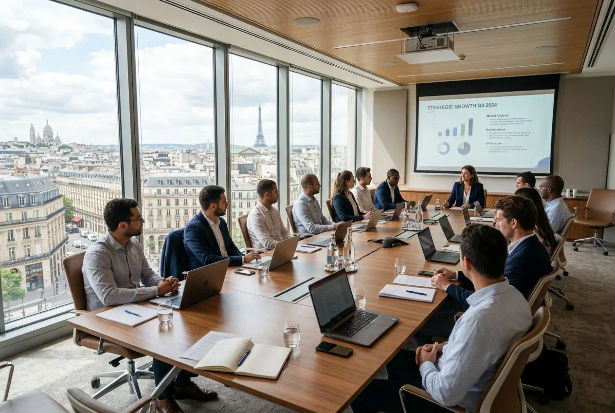 Salle de réunion avec vue urbaine, participants en réunion autour d’une table longue, ordinateurs et documents. lieu séminaire entreprise idéal pour démarrer des échanges.