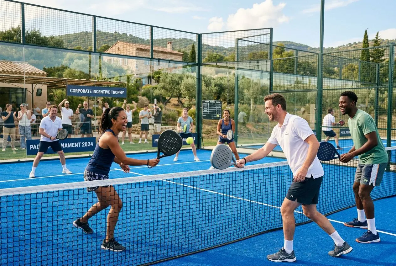 Activité de séminaire incentive: deux équipes s'affrontent sur un court de tennis de paddle en plein air, entouré de participants souriants et de terrains clôturés.