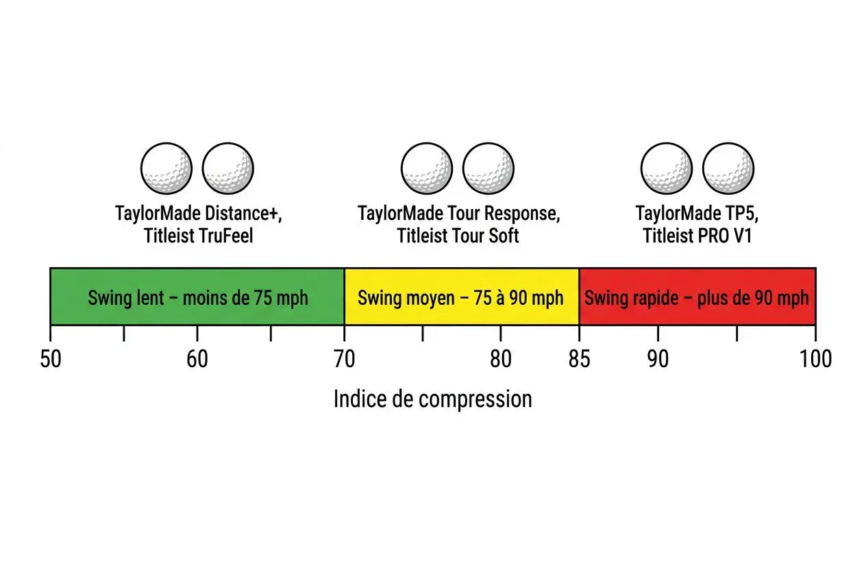 Alternance d’images de balles de golf au-dessus d’une échelle d’indice de compression allant de 50 à 100, avec trois zones colorées (vert, jaune, rouge) et des noms de modèles TaylorMade. Intégration du mot-clé : « comment choisir sa balle de golf ».