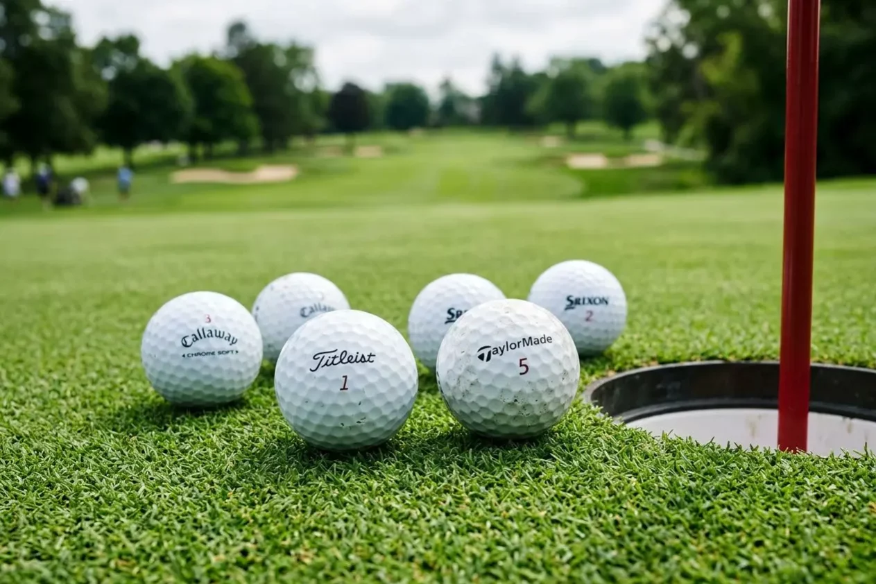 Balles de golf blanches autour d’un trou de départ sur parcours verdoyant, prêt à être jouées, avec les noms Callaway, Titleist et TaylorMade visibles. comment choisir sa balle de golf intégré naturellement.