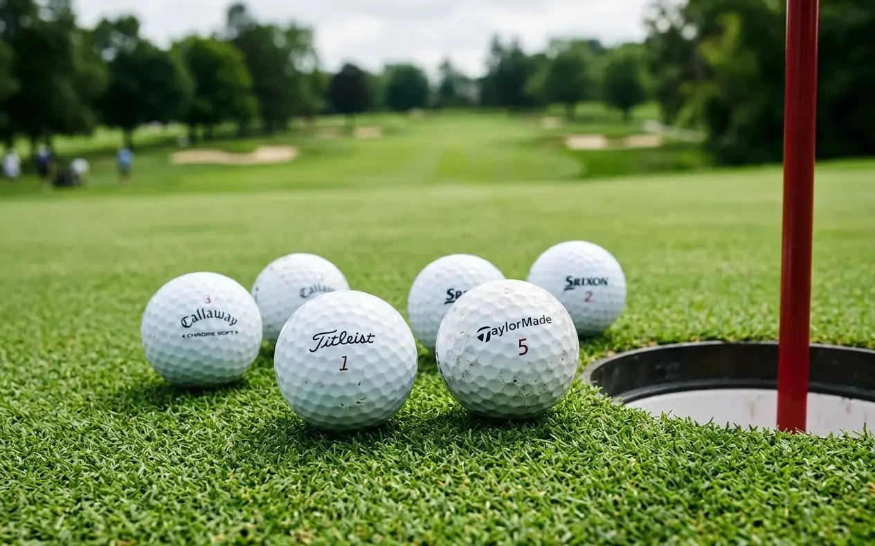 balles-golf-blanches-autour-dun-trou-depart-parcours Balles de golf blanches autour d’un trou de départ sur parcours verdoyant, prêt à être jouées, avec les noms Callaway, Titleist et TaylorMade visibles. comment choisir sa balle de golf intégré naturellement.