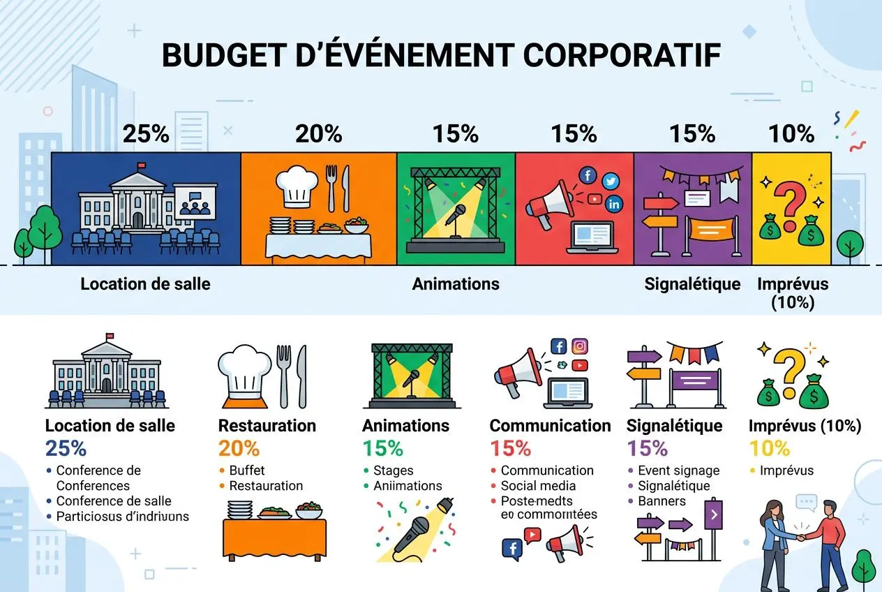 Budget d’événement corporatif: répartition des coûts et services proposés, incluant location, restauration, animations, signalétique et imprévus.