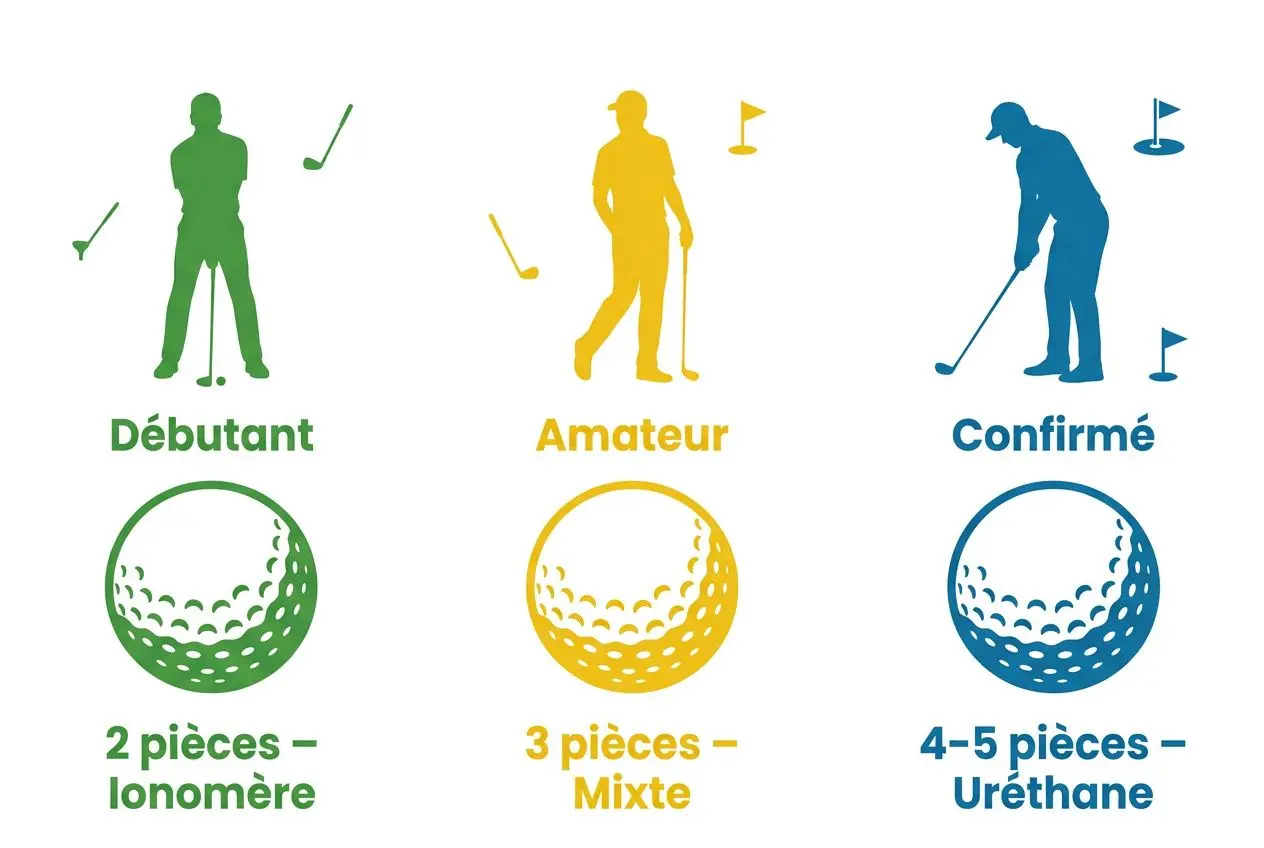 Description d’image: silhouette de joueur Débutant (vert) avec 2 pièces : Ionomère; silhouette Amateur (jaune) avec 3 pièces : Mixte; silhouette Confirmé (bleu) avec 4–5 pièces : Uréthane. intégration: “comment choisir sa balle de golf” évoquée dans le contexte.