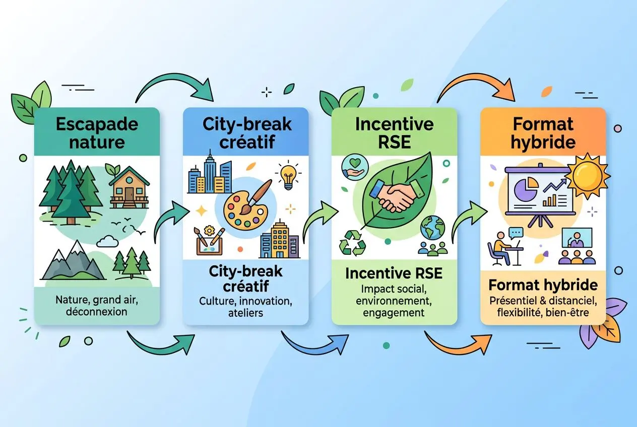 Diagramme illustrant quatre étapes: Escapade nature, City-break créatif, Incentive RSE et Format hybride, avec icônes nature, villes, collaboration et présentations. voyage incentive exemple intégré.