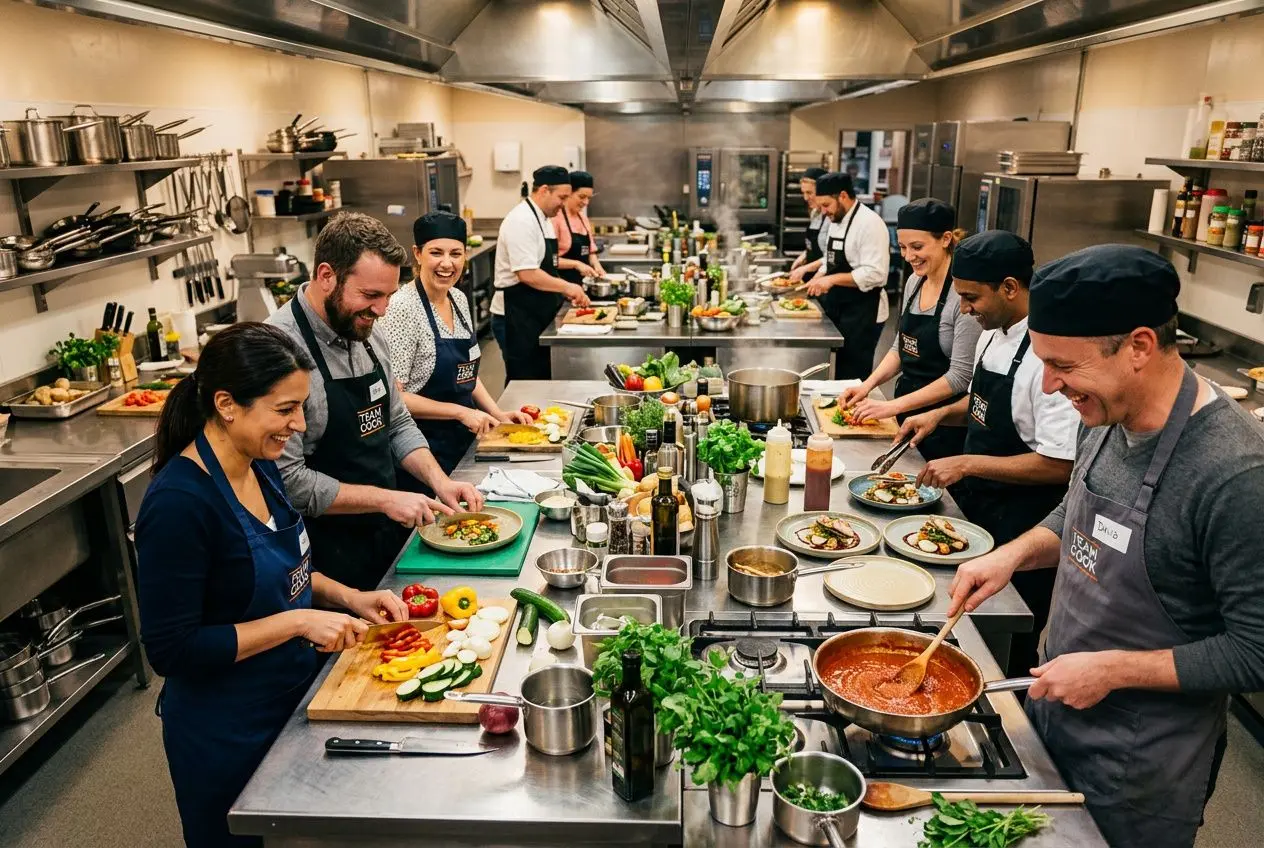 Equipe en cuisine professionnelle préparant des plats, ateliers culinaires et activités pour un séminaire d'entreprise.