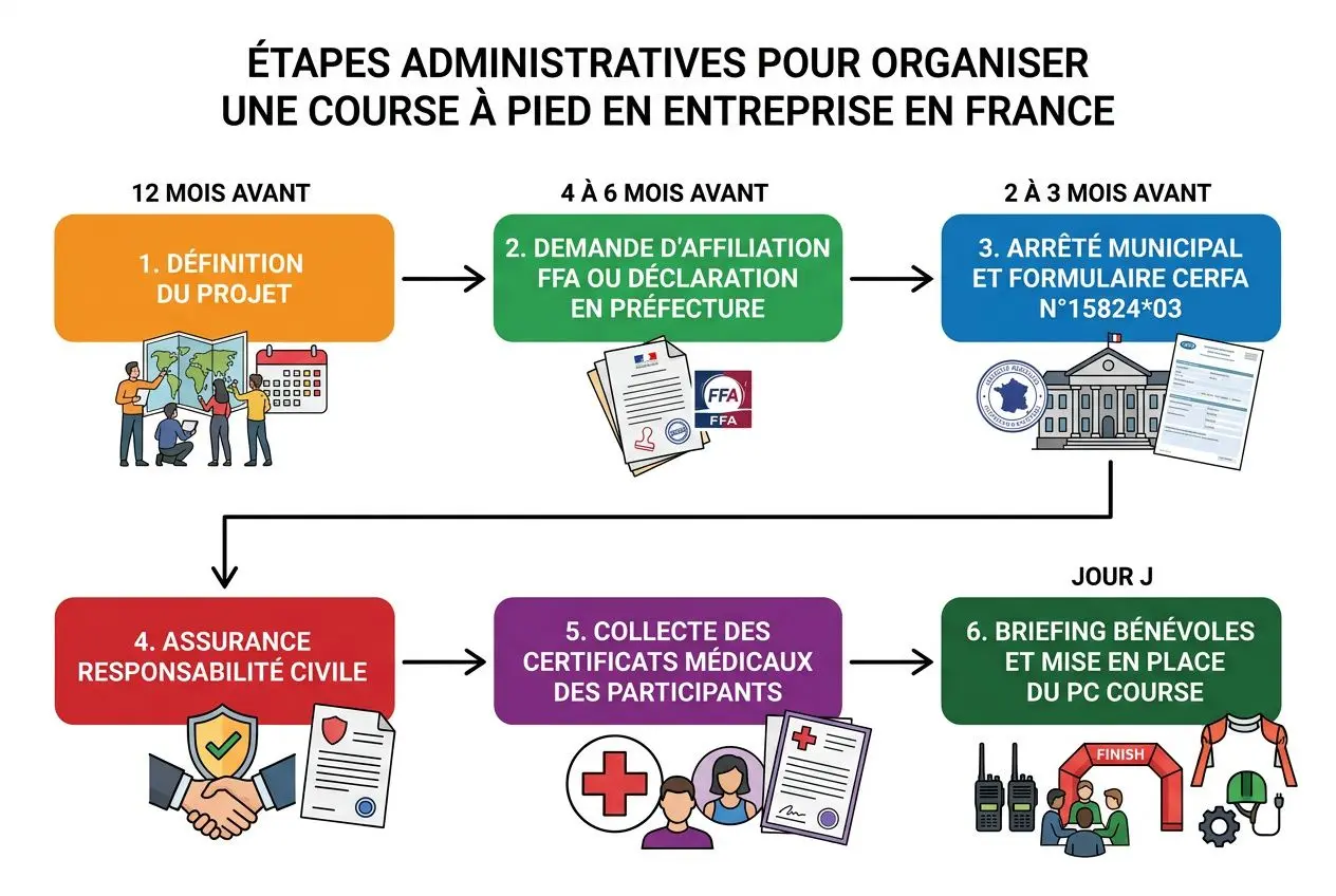 Étapes illustrées pour organiser une course à pied entreprise : planification, autorisations, assurances et logistique en France.