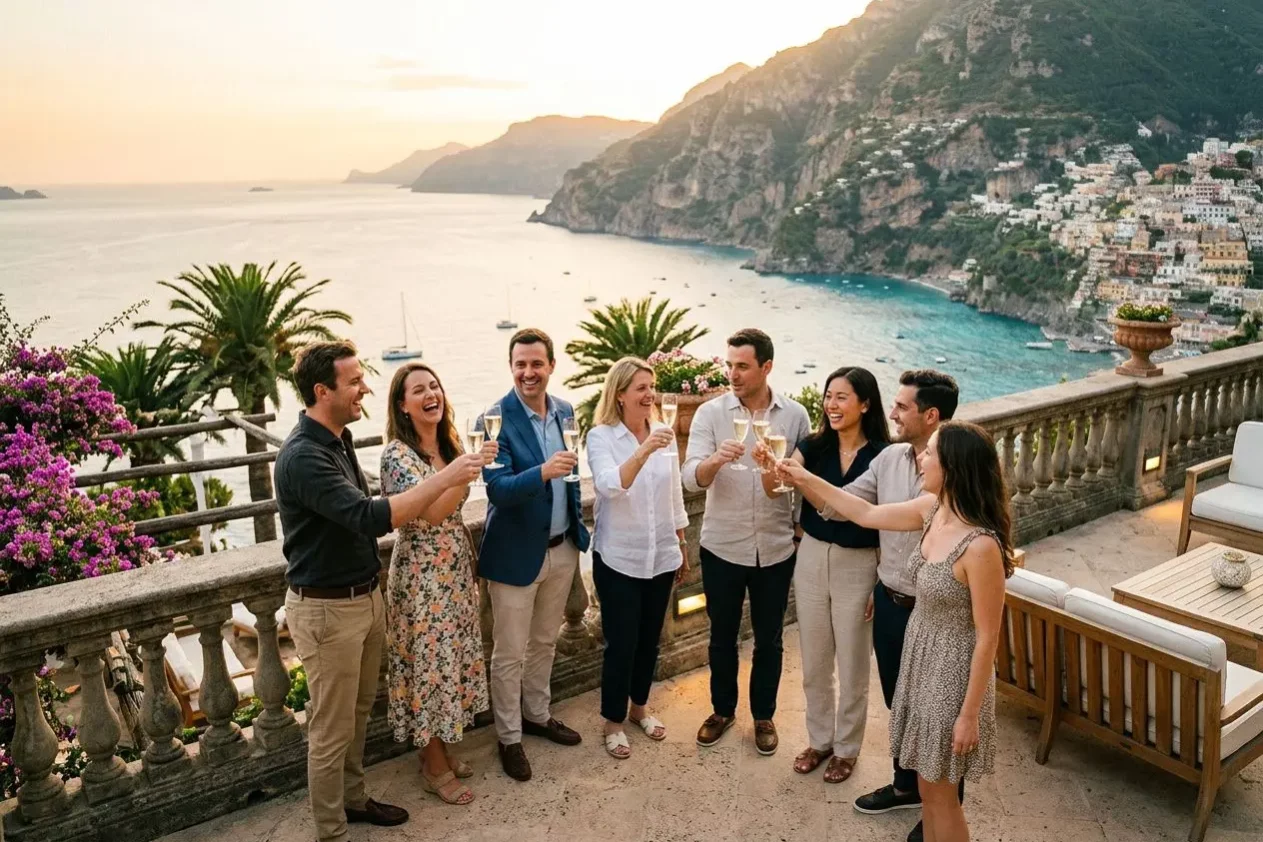 Groupe de collaborateurs levant leurs verres en toast sur une terrasse en bord de mer, avec vue sur la côte et les montagnes au loin. voyage incentive exemple intégré.