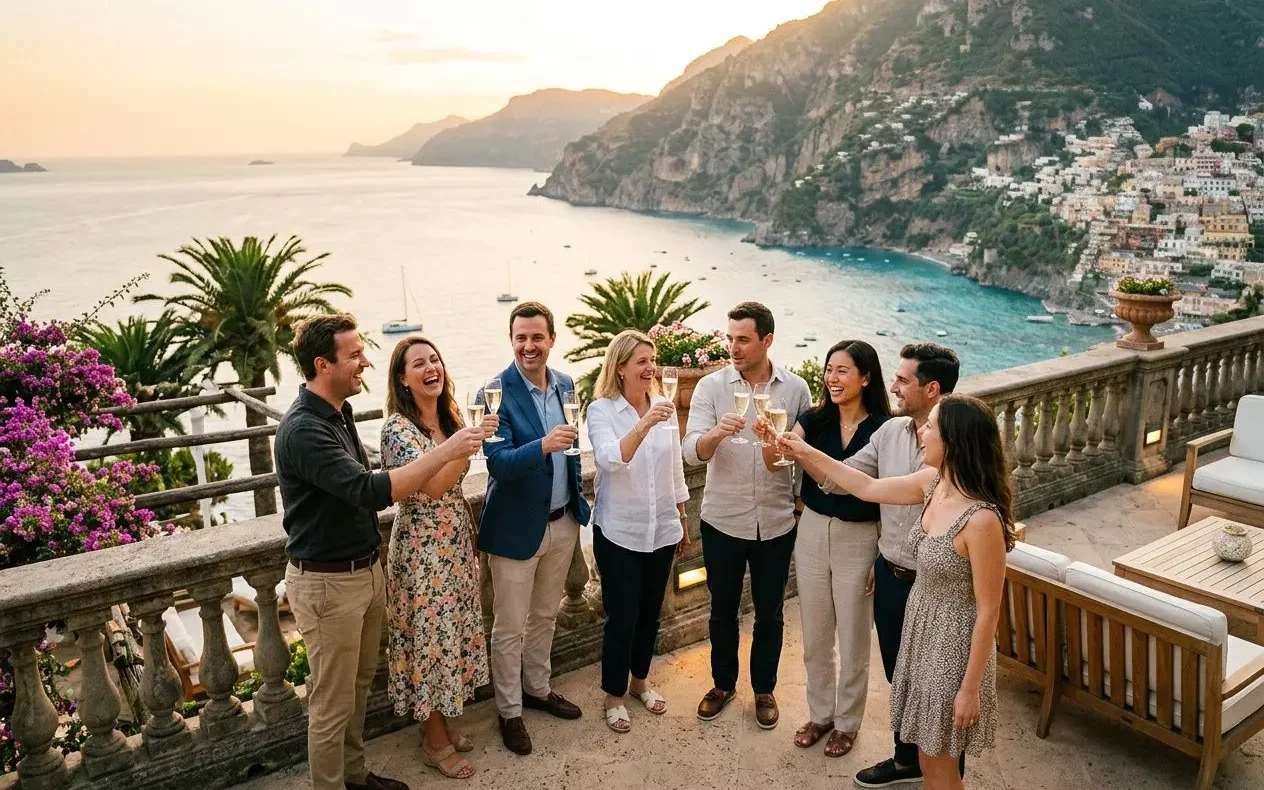 Groupe de collaborateurs levant leurs verres en toast sur une terrasse en bord de mer, avec vue sur la côte et les montagnes au loin. voyage incentive exemple intégré.