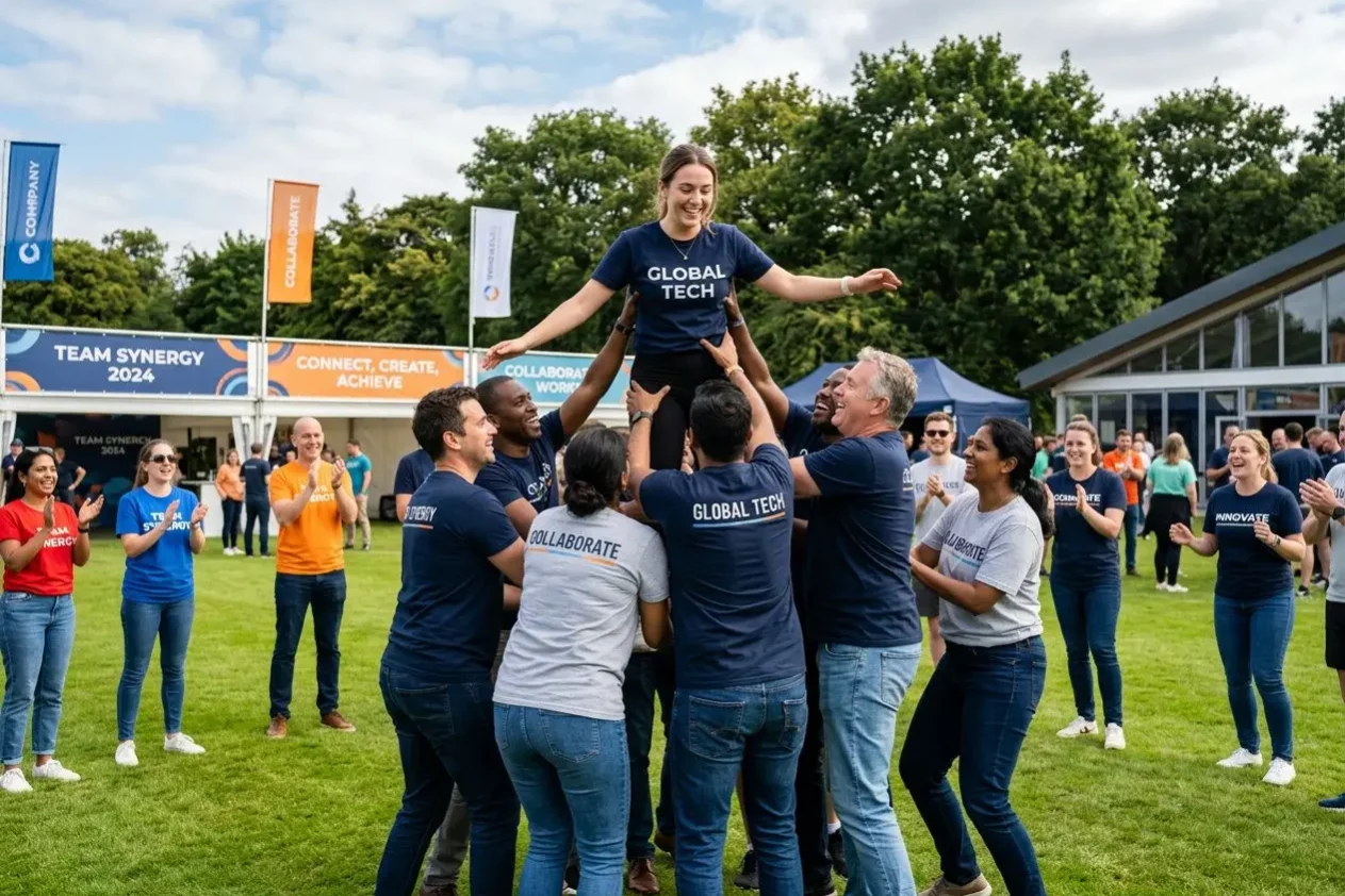 Groupe de colleagues formant une pyramide pour élever une participante lors d’un événement d’entreprise en plein air.