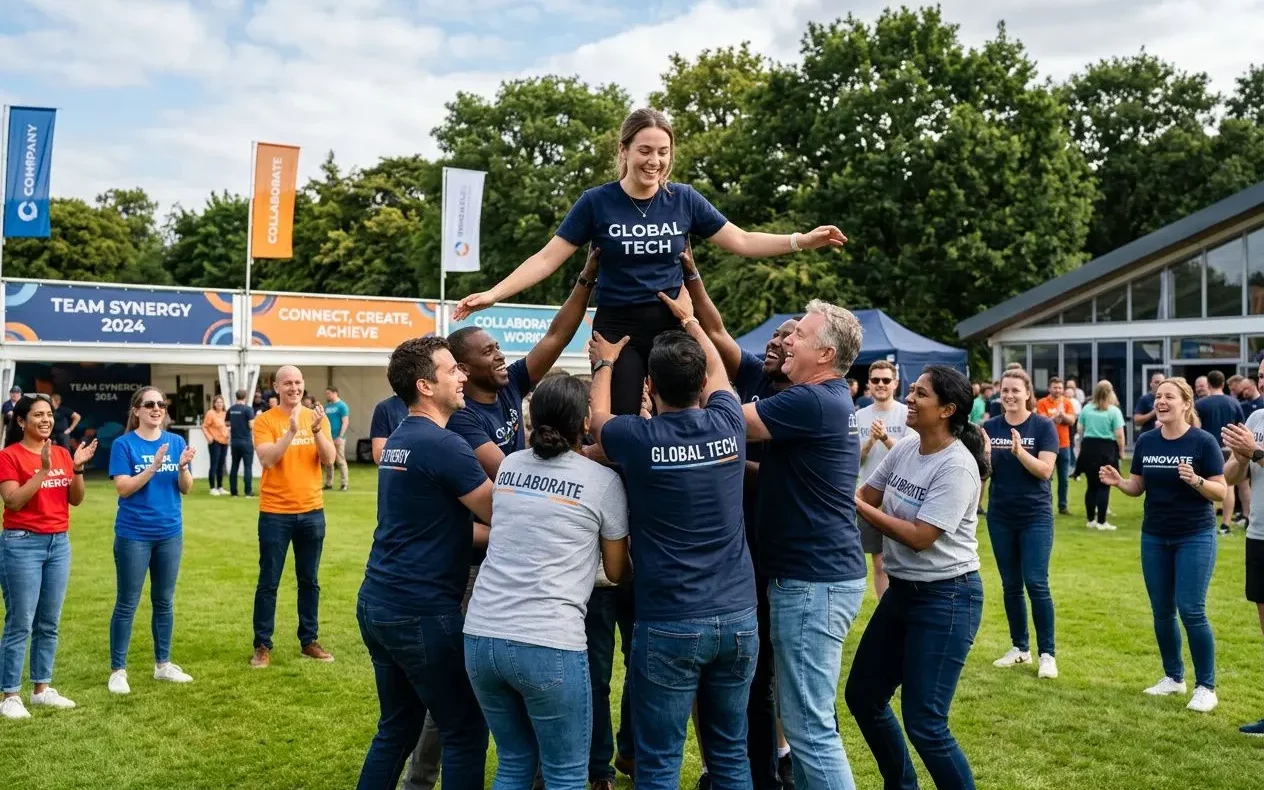 Groupe de colleagues formant une pyramide pour élever une participante lors d’un événement d’entreprise en plein air.