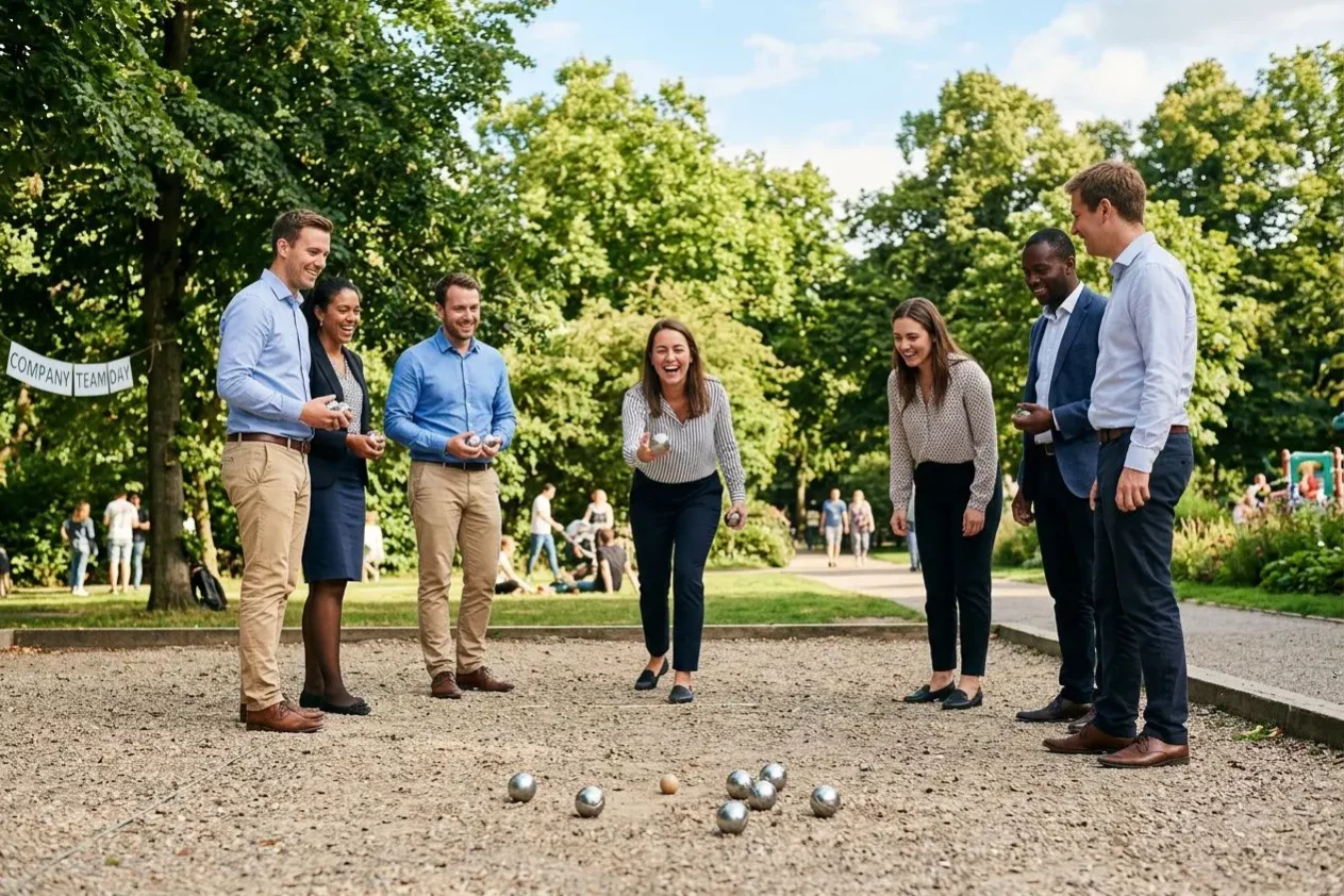 Groupe de collègues debout sur un boulodrome extérieur, lançant des boules de pétanque dans une aire de jeu, ambiance conviviale et verdure autour. intégration: organiser un tournoi de pétanque en entreprise.