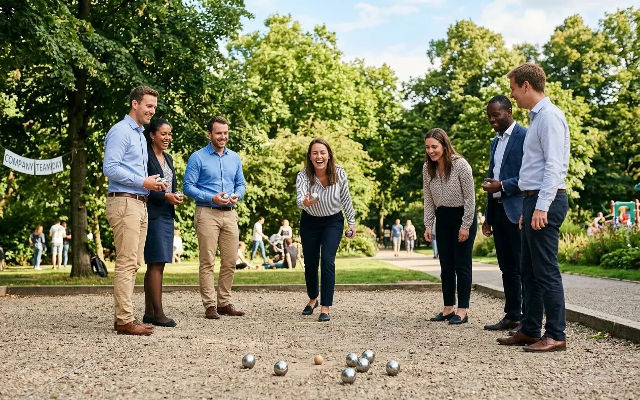Groupe de collègues debout sur un boulodrome extérieur, lançant des boules de pétanque dans une aire de jeu, ambiance conviviale et verdure autour. intégration: organiser un tournoi de pétanque en entreprise.