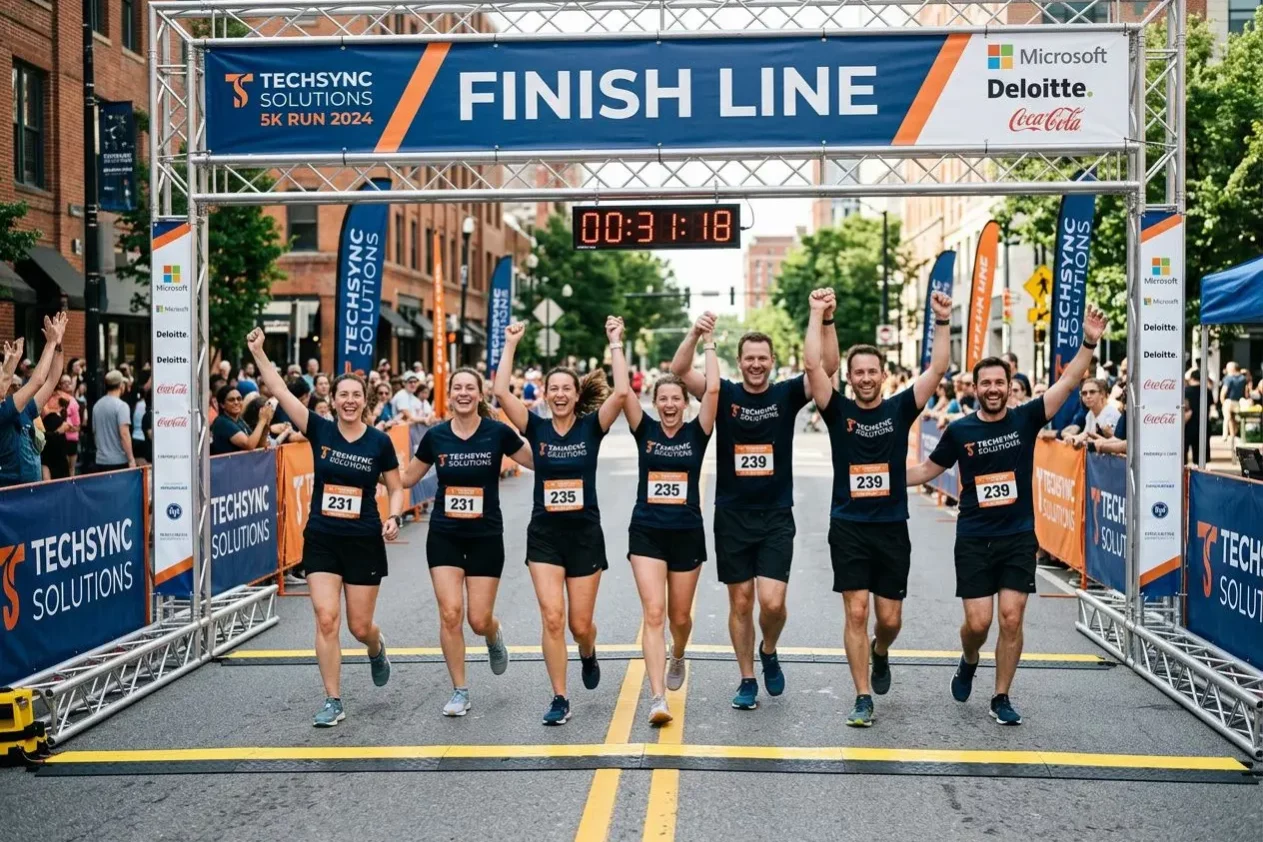Groupe de collègues franchissant la ligne d’arrivée lors d’une course à pied entreprise sous l’arc Finish Line, ensemble et souriants. Organiser une course à pied entreprise est facilité par ce type d’événement sportif.