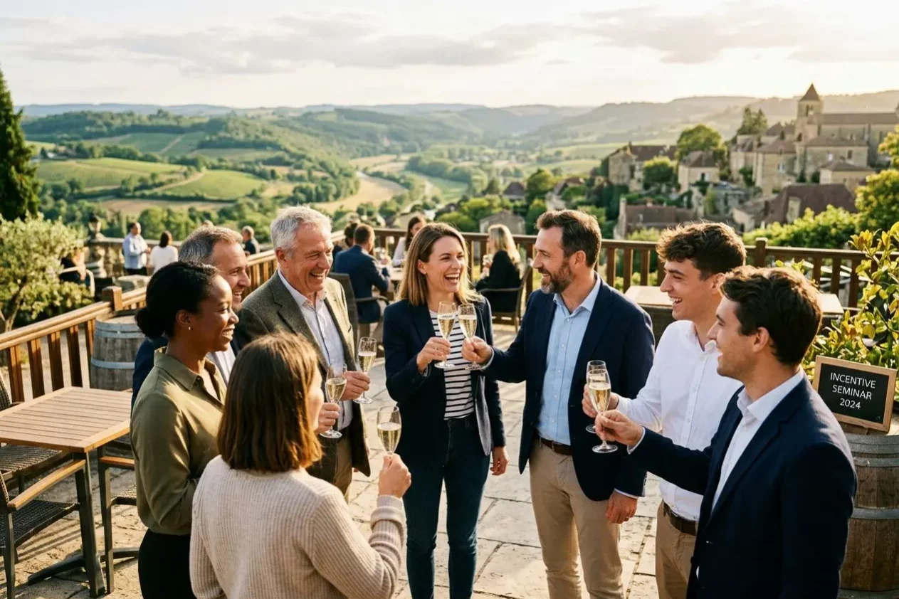 Groupe de collègues trinquant lors d’un séminaire incentive en plein air, avec paysage vallonné en arrière-plan.