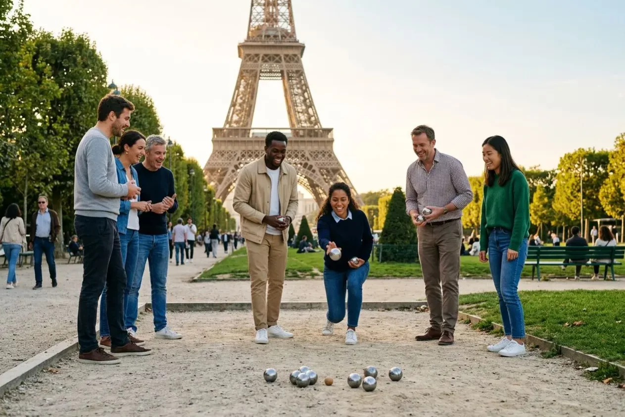 Groupe en plein jeu de pétanque près de la tour Eiffel, séance de team building sportif à Paris en extérieur.