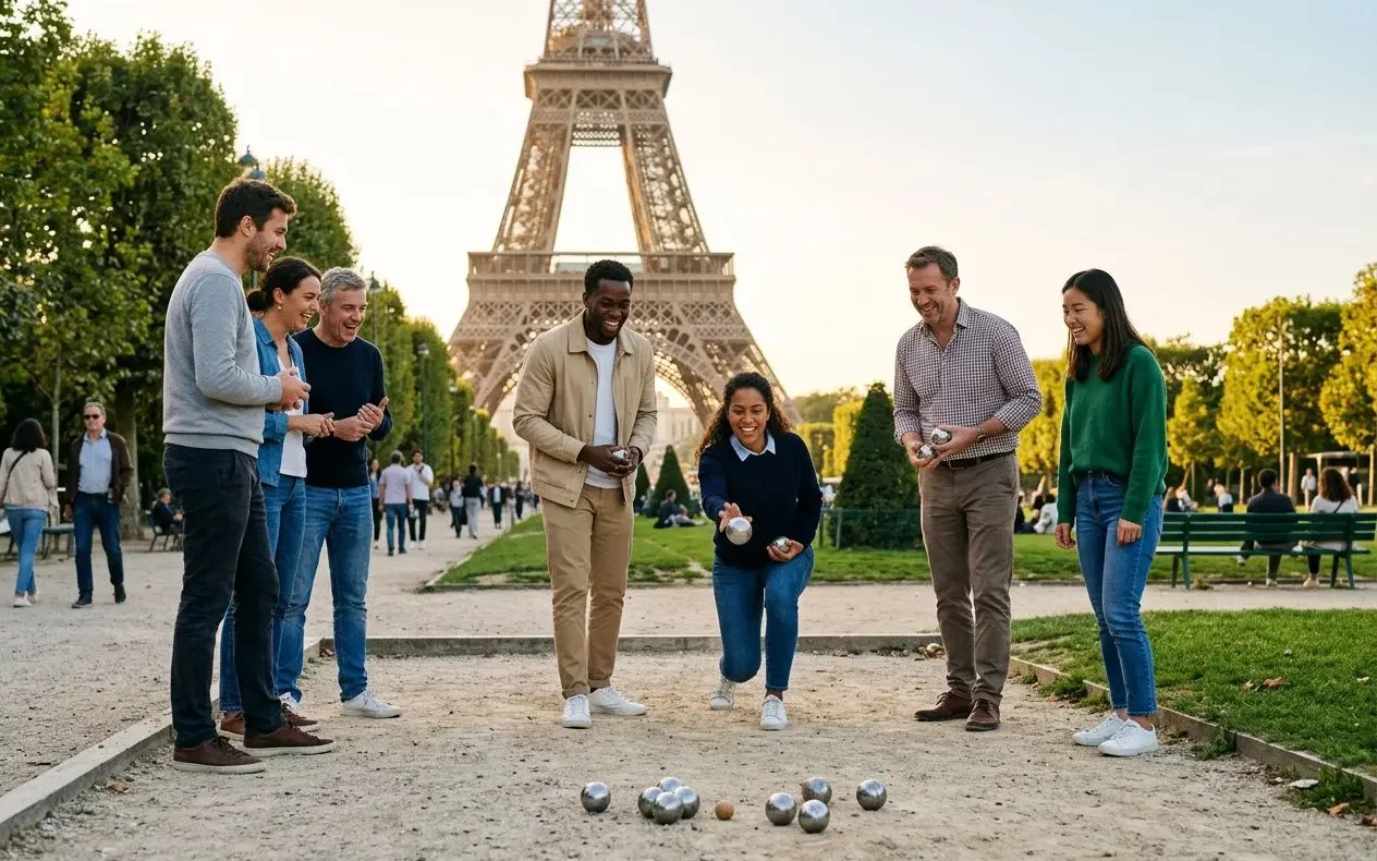 Groupe en plein jeu de pétanque près de la tour Eiffel, séance de team building sportif à Paris en extérieur.