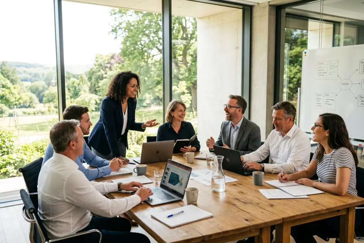Groupe de professionnels autour d’une table de réunion, échange animé avec ordinateurs portables et notes, lors d’un séminaire d’entreprise. activiés pour un séminaire d'entreprise intégrées.