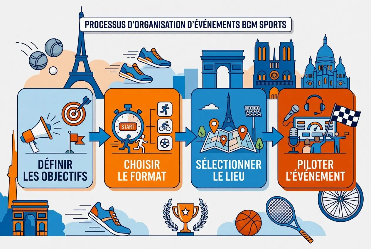 Processus d’organisation d’événements BCM Sports pour un team building sportif Paris : définir objectifs, choisir le format, sélectionner le lieu, piloter l’événement.