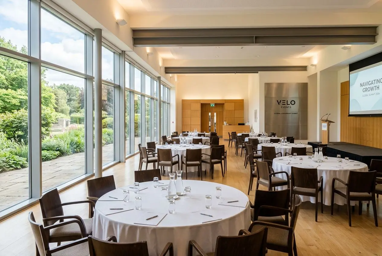 Salle de réception lumineuse avec grandes baies vitrées, tables rondes nappes blanches et chaises, podium et écran en salle de conférence. intégrer comment organiser un événement d'entreprise.