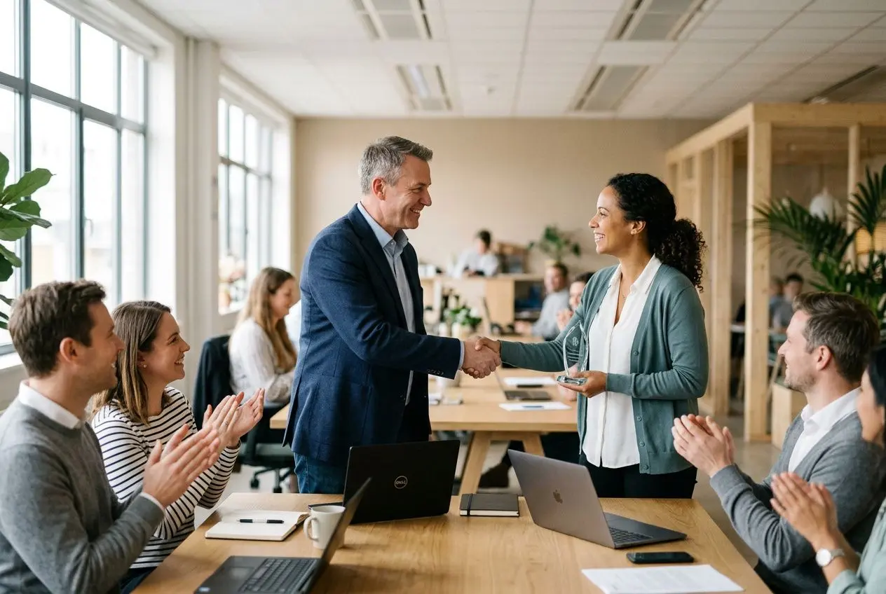 Deux cadres se serrant la main au milieu d'une équipe au bureau, ambiance collaborative et réunion avec laptops et encouragement des collègues. Comment fédérer son équipe au travail.
